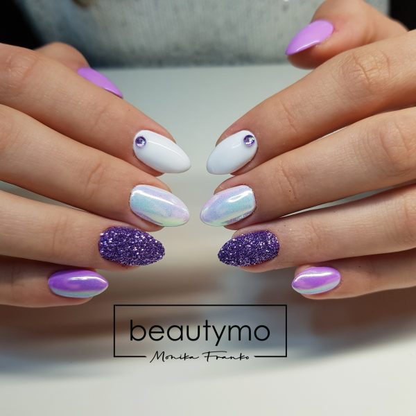 Beautymo - Dlhé bielo-fialové extravagantné Nechty - Gél lak