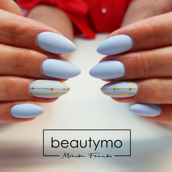 Beautymo - Dlhé modré nechty so zlatým vzorom - Gélové nechty