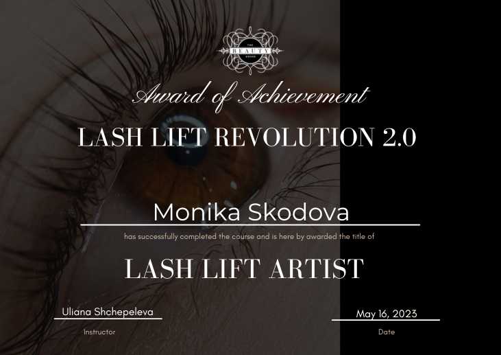 Monika Franko Skodova - Beautymo - Kozmetický a nechtový salón Bratislava - Certifikát Lash lift - 1